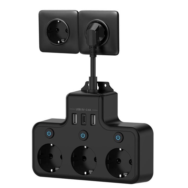 Priza KUTUMAI 8 in 1 cu 3 USB si 1 Type-C, protectie termica, design compact, 4000W, set de 4 bucati