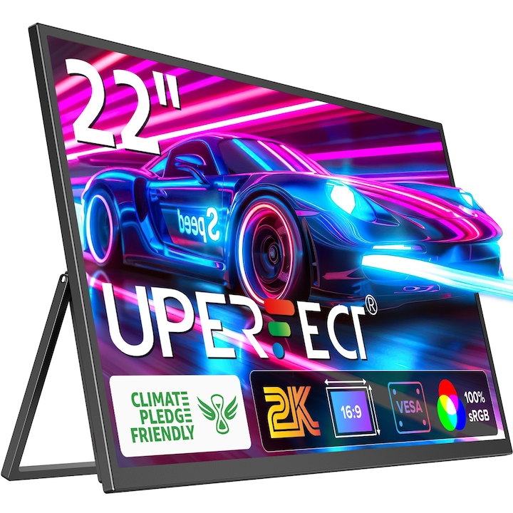 Uperfect 22"-es QHD IPS hordozható monitor, 2560x1440, 4 az 1-ben csatlakozás, fekete