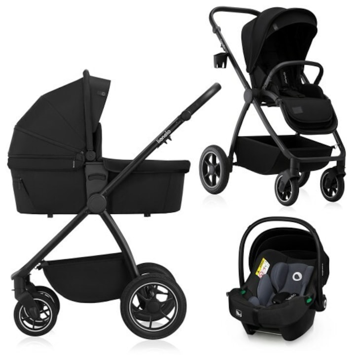 Carucior 3 in 1, Lionelo, Meril, Cu landou de dimensiune XL, Reversibil, Cu scoica auto testata ADAC, Cu accesorii, Pana la 22 kg, Conform cu EN1888-1 EN1888-2, EN1466, Negru