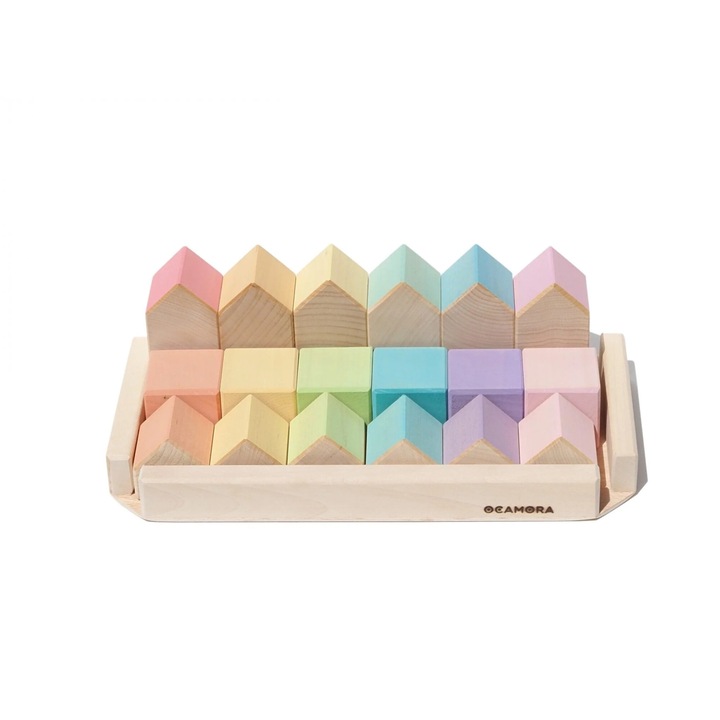 Set cuburi de constructie, Ocamora, Case si Cuburi din lemn, Handmade, Culori pastelate, 18 piese