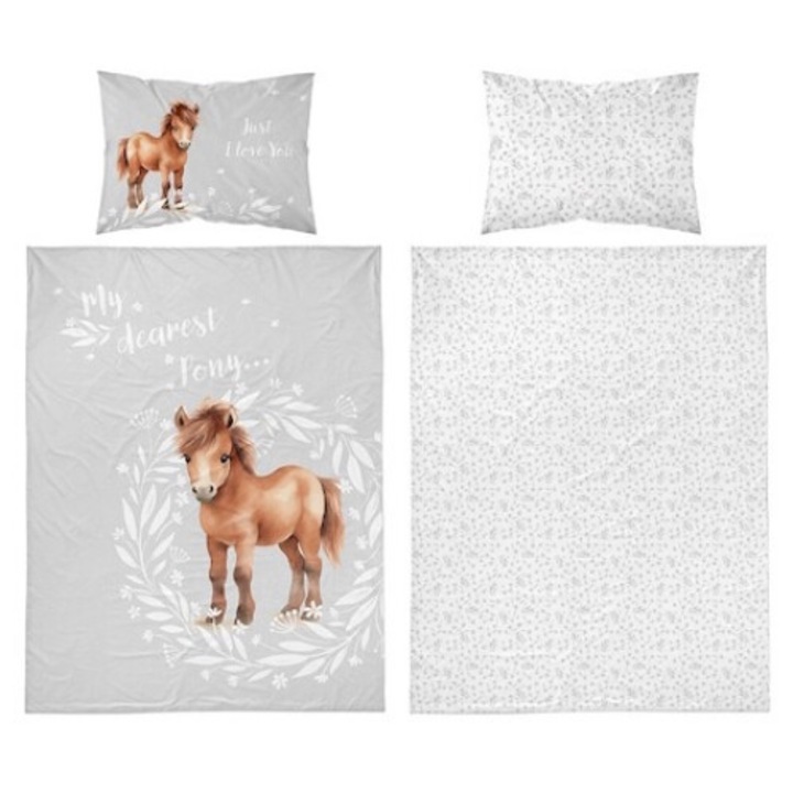 Set asternut pentru copii, 100% bumbac, 90x120 cm husa de pilota, 40x60 cm de perna, ponei