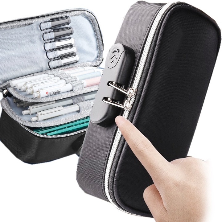 Penar etui capacitate mare – Blocare cu combinatie (protejeaza confidentialitatea), stilou cutie, 4 straturi de separare, design minimalist, portabila, negru