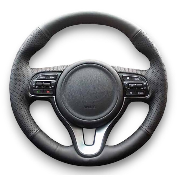 Husa volan piele dedicata Kia Sportage 4, cusuta manual, culoare cusatura negru