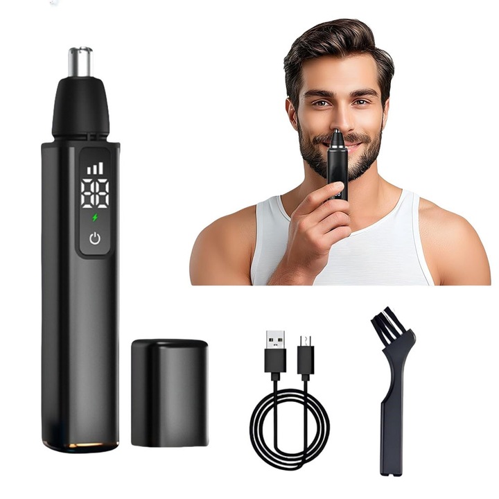 Orr- és fülszőrnyíró, USB gyorstöltés, intelligens digitális kijelző, 3 sebességes beállítás egyetlen érintéssel, uniszex testszőrnyíró, professzionális dupla pengés R típusú vízálló, percenként 10 000 fordulat, fekete