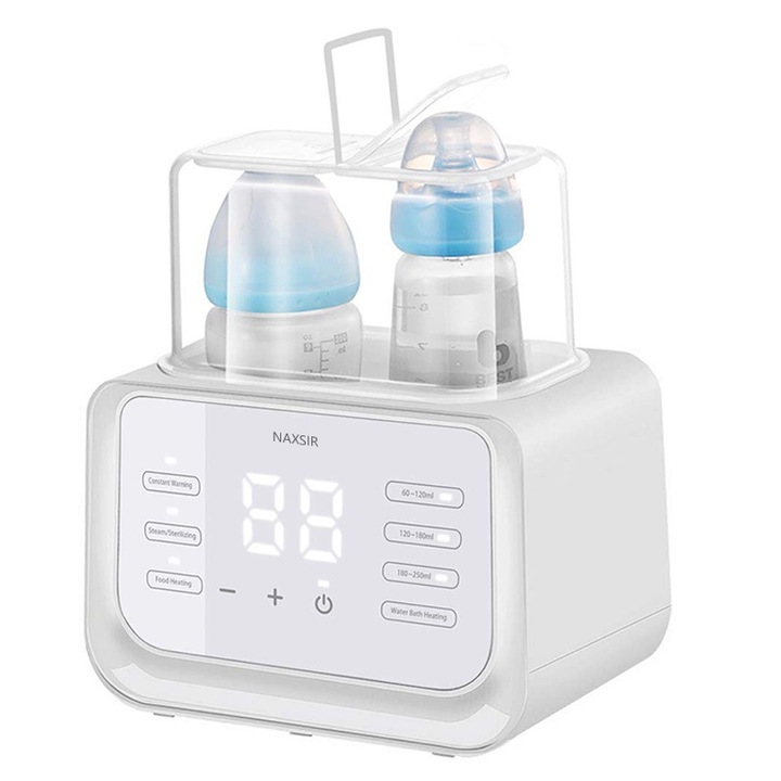 Incalzitor biberoane Multifunctional, NAXSIR, Compartiment Dublu Biberoane, Display Digital, Atingere inteligenta, functie antiuscare, Incalzire Rapida, Dezghetare, Fierbere, Mentine Temperatura controlata 24 ore, Alb
