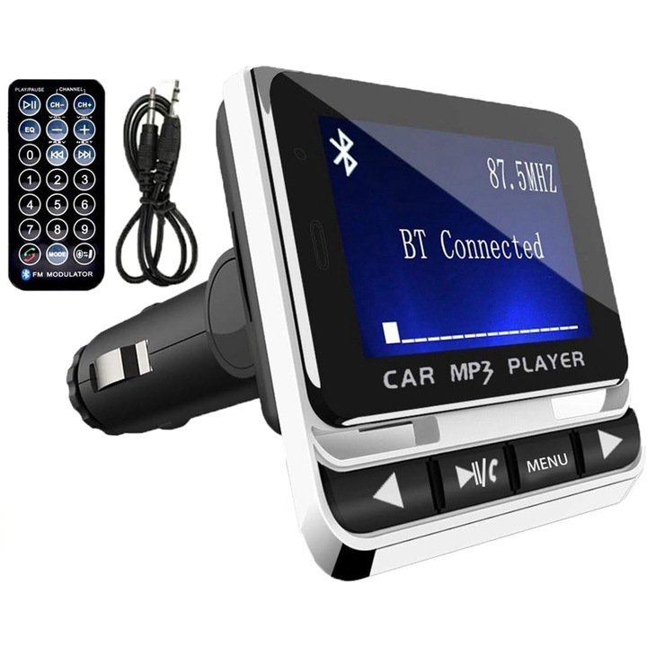 SAMOLEUS autós Bluetooth FM adó, 1,4" képernyő, 21 távirányító gomb, gyorstöltés, 12-24V