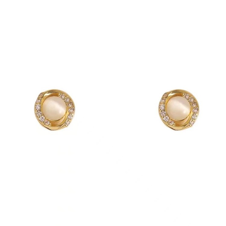 Cercei tip opal cu zirconi, Placat cu aur, Diametru 8mm, Diametru opal 5mm