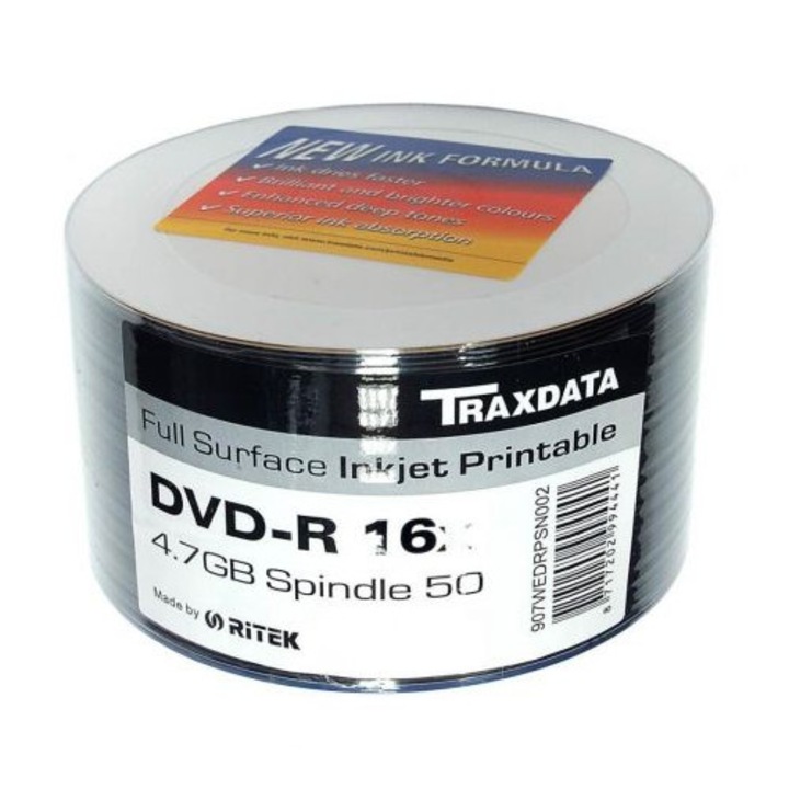 DVD PRINTABIL Traxdata 4.7 GB , viteza 16x , DVD-R , Set 50 bucati