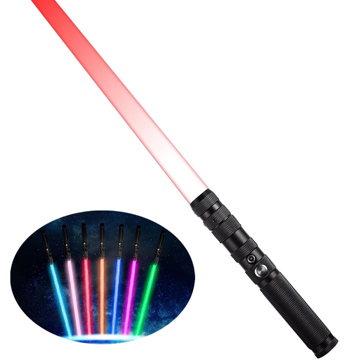 Светлинен меч играчка Star Wars, Yingyun®, метална дръжка, 7 промени на цвета, със звукови ефекти, чувствителен на движение, прибиращ се, презареждащ се с USB, черен