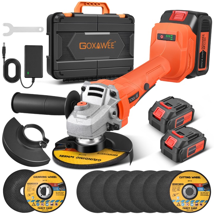 Polizor unghiular fara fir, Goxawee, G5353B, Motor fara perii, 9500RPM, 2 acumulator, Mod cu 3 viteze, 115 mm diametru disc, accesorii incluse, portocaliu/negru