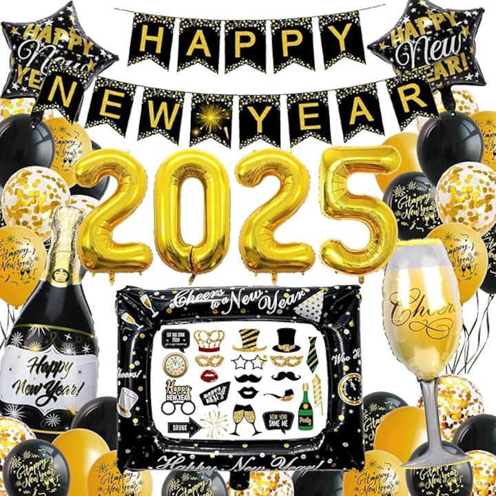 Set decoratiuni Revelion 2025 XXL, ghirlanda Happy New Year, baloane, accesorii foto pentru petrecere
