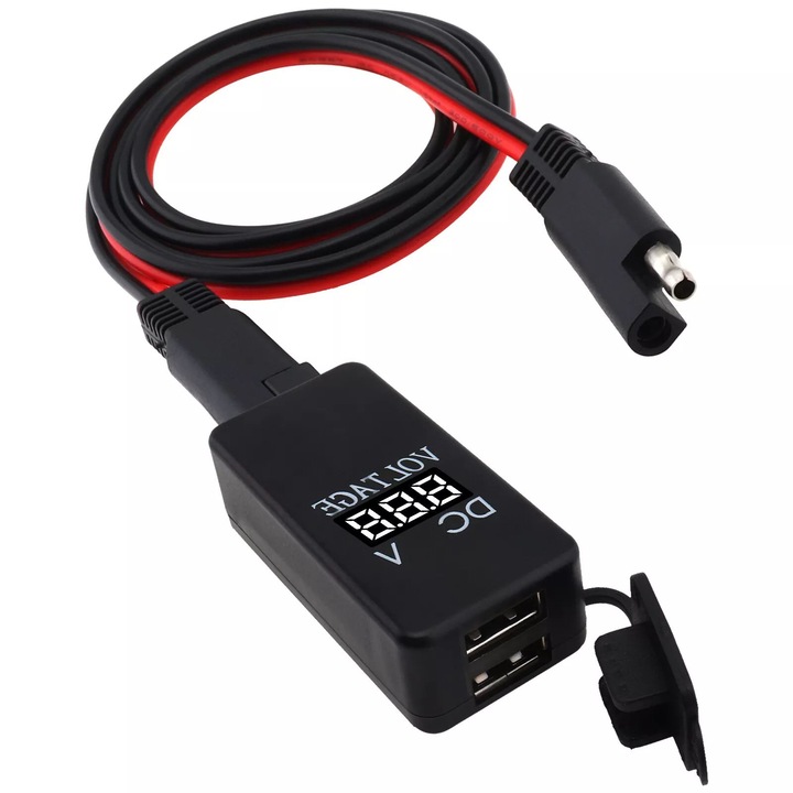 Adaptor SAE la USB pentru motocicleta, SAMOLEUS, 2 porturi USB, protectie impotriva suprasarcinii, culoare neagra, dimensiuni 18x3x2cm