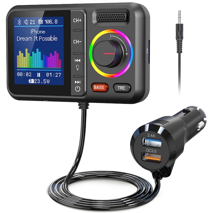 SAMOLEUS Bluetooth autós FM adó, színes képernyő, QC3.0 gyorstöltés, USB és AUX támogatás, 7 világítási mód, 12-24V