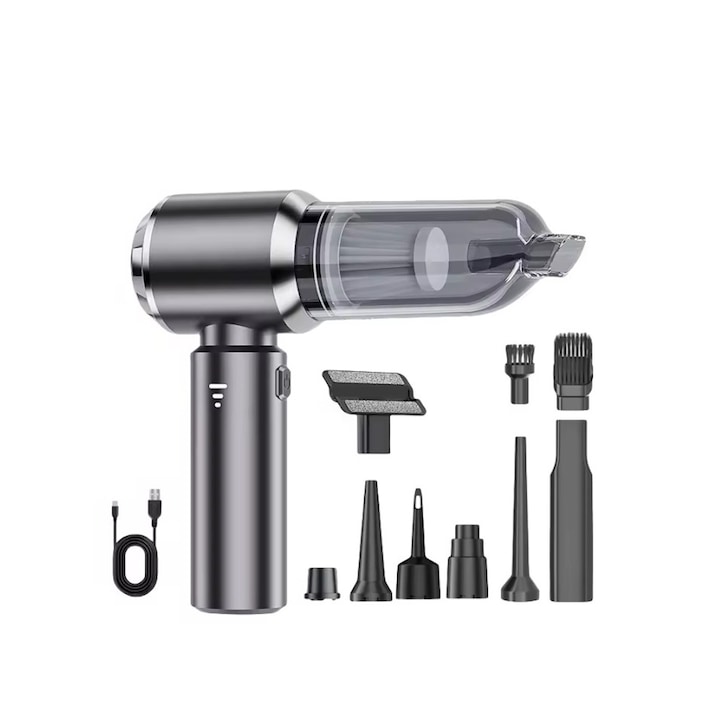 Мултифункционална преносима прахосмукачка, домашно управление, за кола/дом и труднодостъпни места, 3 скорости, включени аксесоари, Hepa филтър, миеща се, функция за засмукване/вакуум/изпомпване/издухване, USB захранване, 120W, черна