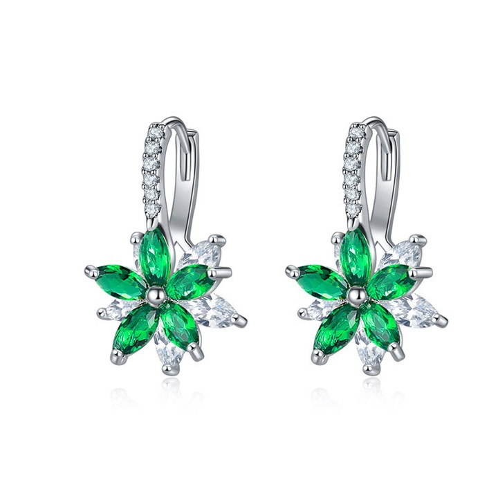 Дамски обеци, елегантен флорален мотив, циркон, зелен
