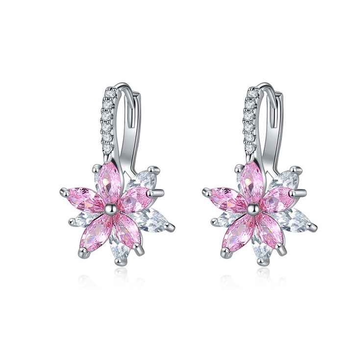 Дамски обеци, елегантен флорален мотив, циркон, розов