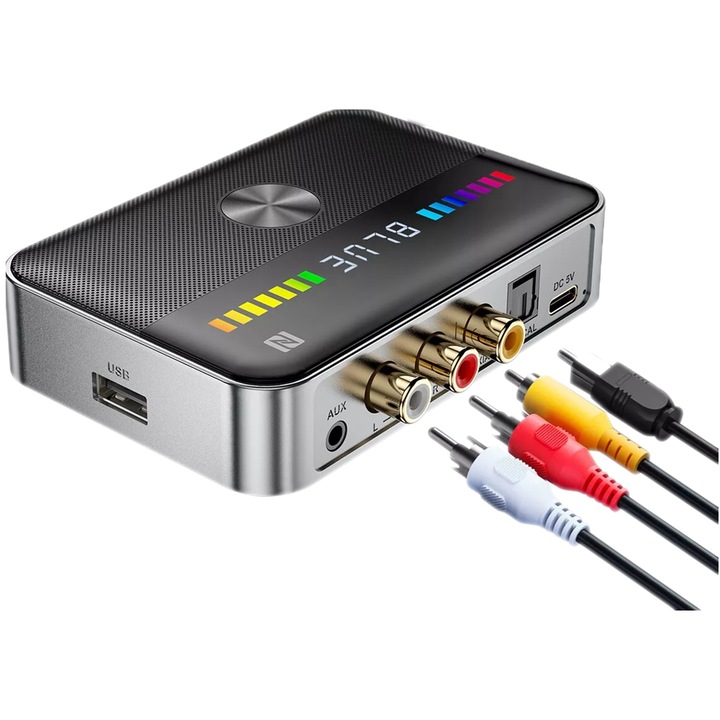 Bluetooth 5.3 трансивър, SAMOLEUS, 3.5mm AUX/RCA, черен/сребрист, 99.5x75x24.2mm