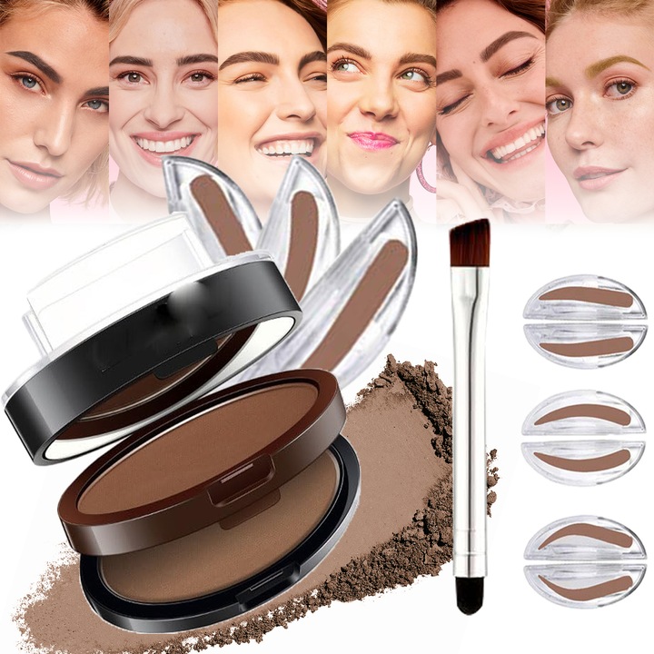 Pudra pentru sprancene, Puepoul, 2 Culoare, Waterproof, 1 Marker pentru sprancene + 6 accesorii stilizare sprancene, nuante naturale, 10 g, maro inchis + maro deschis