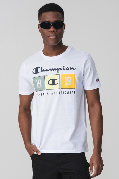 Champion, Tricou cu logo, Alb/Verde/Galben