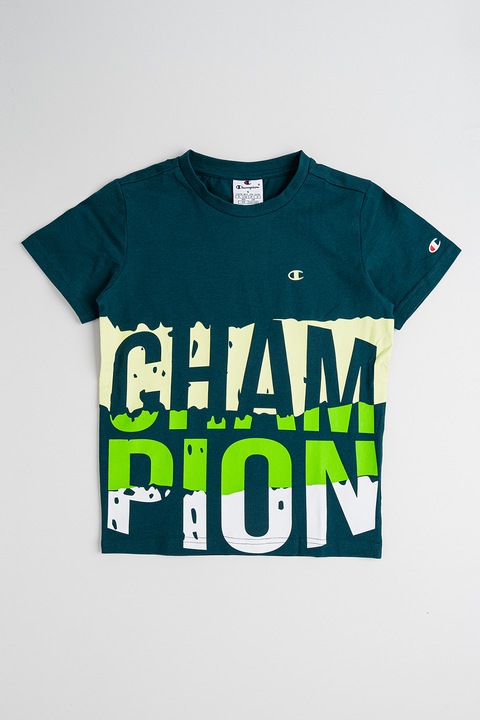 Champion, Tricou de bumbac cu imprimeu, Alb/Verde padure/Galben deschis