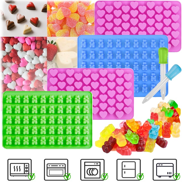 Set 4 Forma din Silicon Premium Antiaderent, Puepoul, cu 2 Pipeta, pentru 50 Jeleuri in Forma de Ursuleti Haribo si 55 Inimioare, 18x13 cm, 18x10 cm, Rezistenta in cuptor si congelator, pentru bomboane de ciocolata sau Cuburi de Gheata, Multicolor