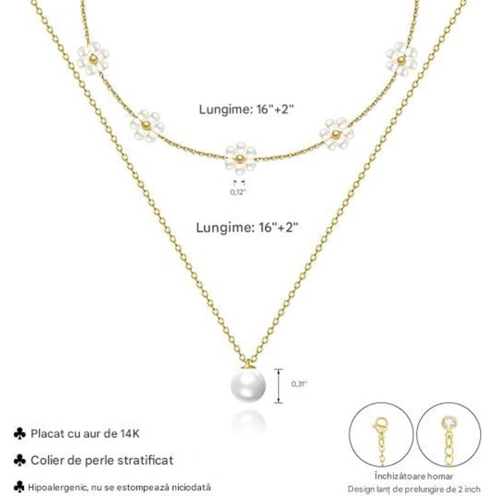 Colier de perle de dama, lacat cu aur, lungime ajustabila, 30cm-40cm, Auriu