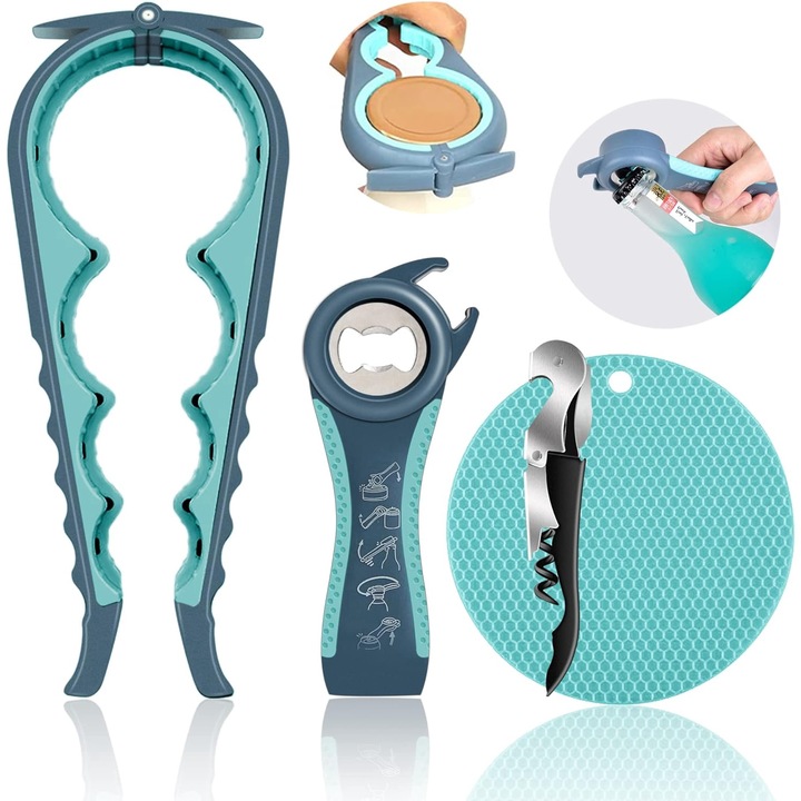 Multifunkciós 4 darabos üvegnyitó készlet csúszásgátló gumibetéttel, konyhai eszközök, kék