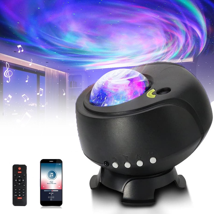 Проектор за звезди и галактики, Estanny, Galaxy за стая, нощна светлина с голямо покритие, Bluetooth с вграден високоговорител, таймер, форма на мъглявина, галактика, 360 ротация, гласово управление, черен