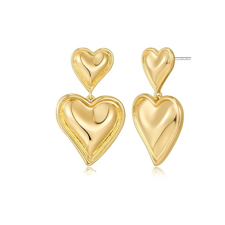 Cercei inima din cupru si otel, design dublu strat, placat cu aur, 3.9x2.5cm, antialergici