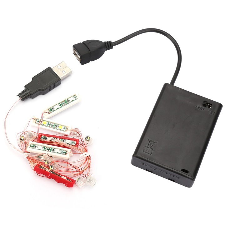 Set accesorii USB cu LED si cutie pentru baterii pentru seturi de constructie Enforose, 15x10x1.5cm