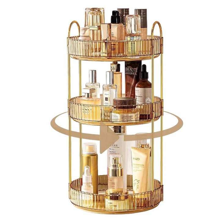 Органайзер за грим с 3 нива, въртящ се, козметичен, голям капацитет, прозрачен
