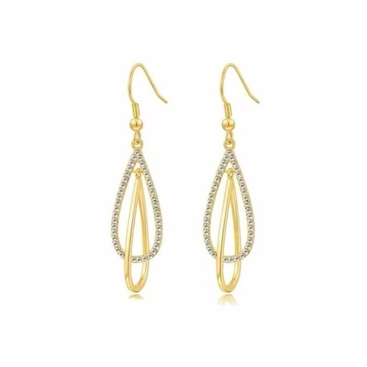 Cercei dama vintage din cupru cu inlay de zirconiu, forma picatura de apa, 5.9x3.1cm, aur 18k