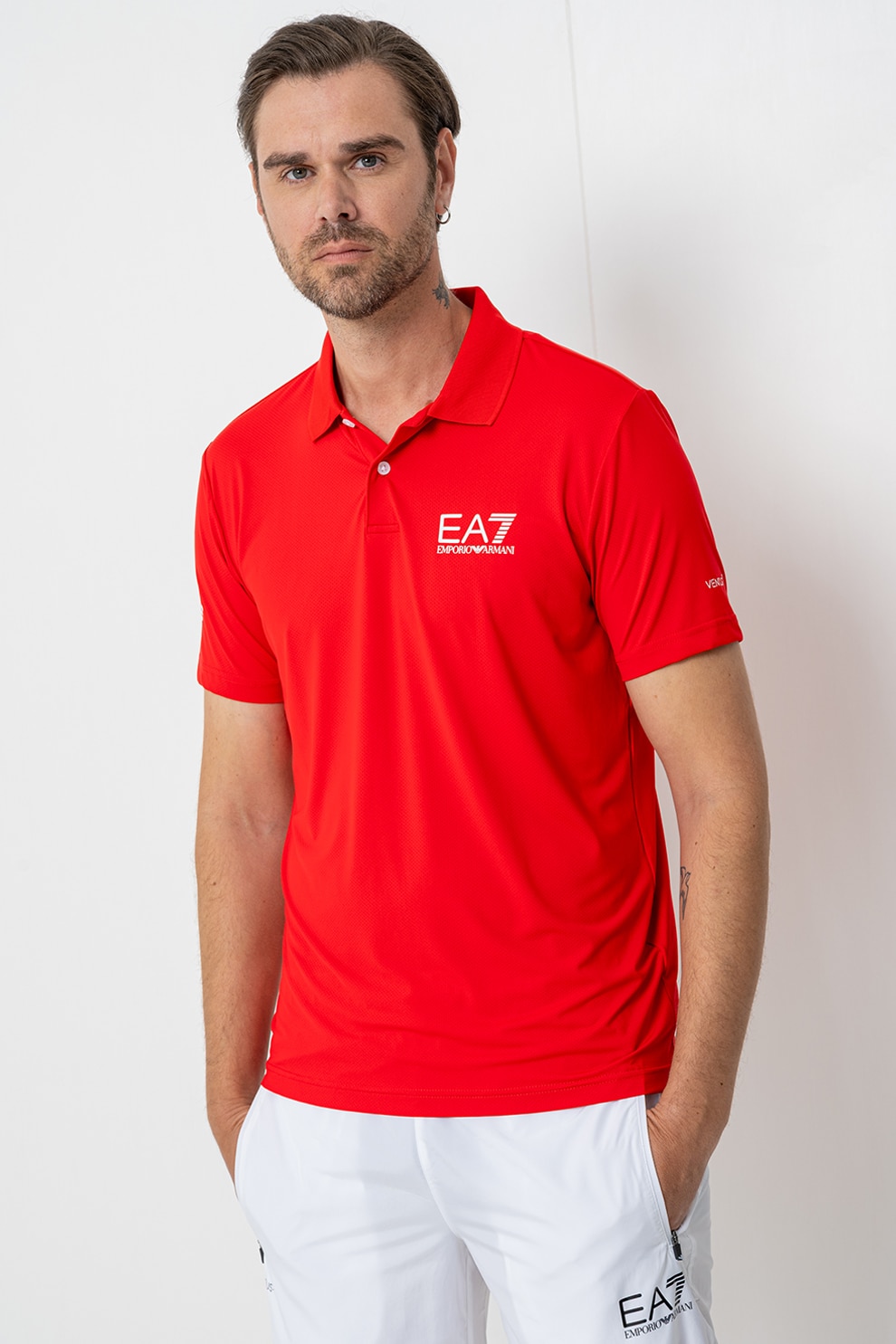 EA7, Tricou polo cu logo, Alb, Rosu vermillion, 2XL
