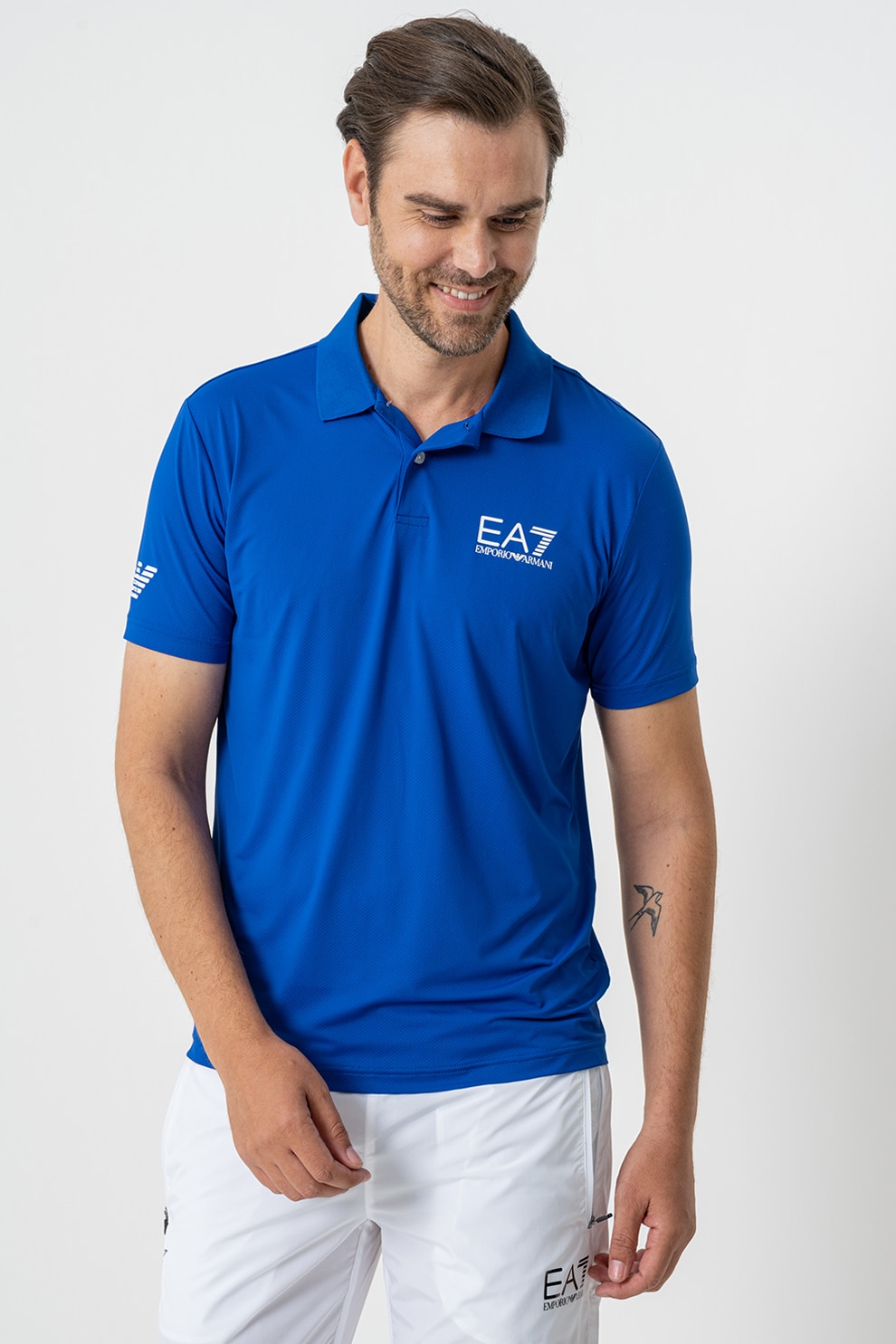 EA7, Tricou polo cu logo, Alb, Albastru royal, 2XL