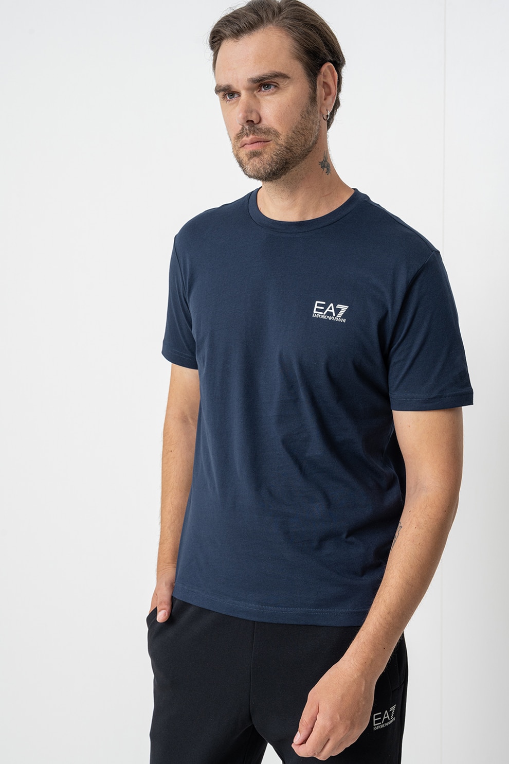 EA7, Tricou cu model uni Gircollo, Albastru ultramarin, Argintiu, L