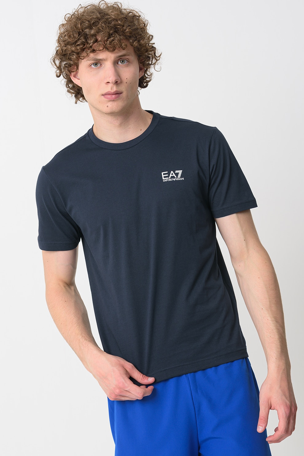 EA7, Tricou cu model uni Gircollo, Alb, Bleumarin, M