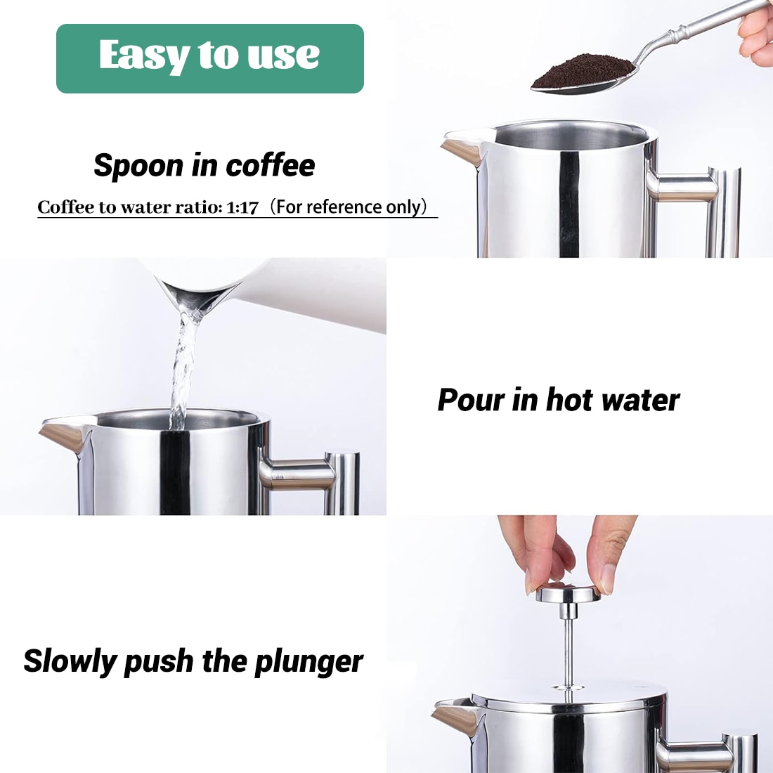 Cafetiera cu presa franceza, Capacitate 1000ml, din otel inoxidabil, cu 2 filtre suplimentare, izolata