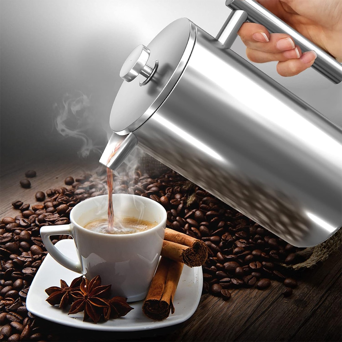 Cafetiera cu presa franceza, Capacitate 1000ml, din otel inoxidabil, cu 2 filtre suplimentare, izolata