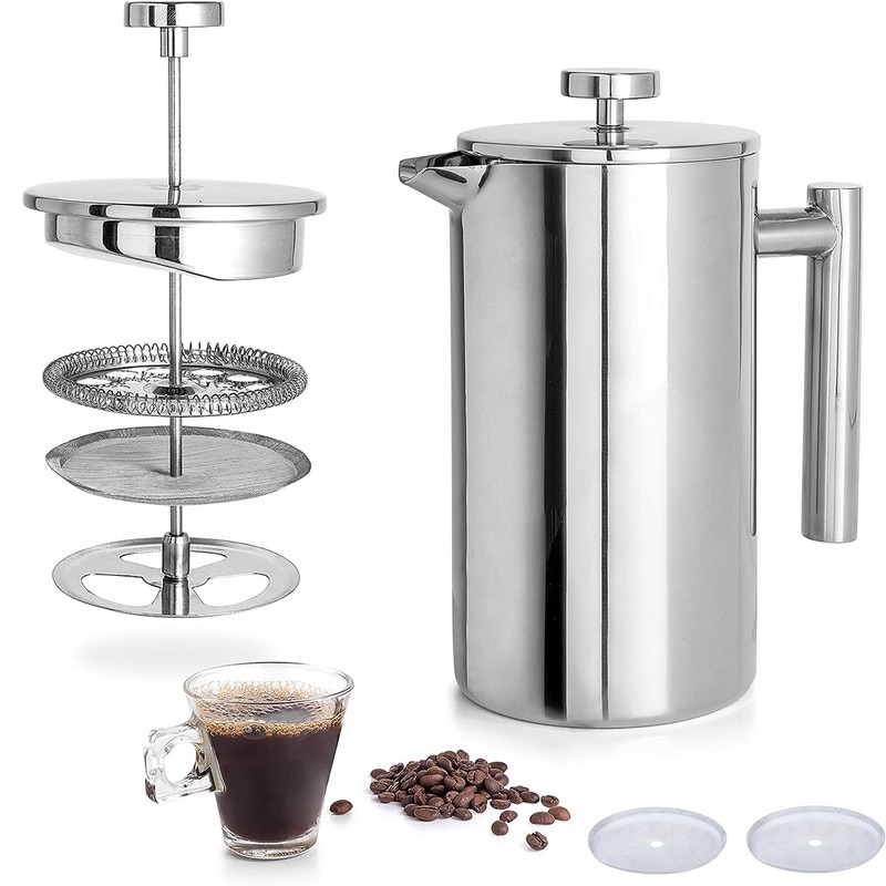 Cafetiera cu presa franceza, Capacitate 1000ml, din otel inoxidabil, cu 2 filtre suplimentare, izolata