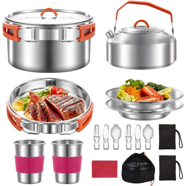 Set gatit camping complet din inox 304 portabil, pentru drumetii si picnic, 19 piese