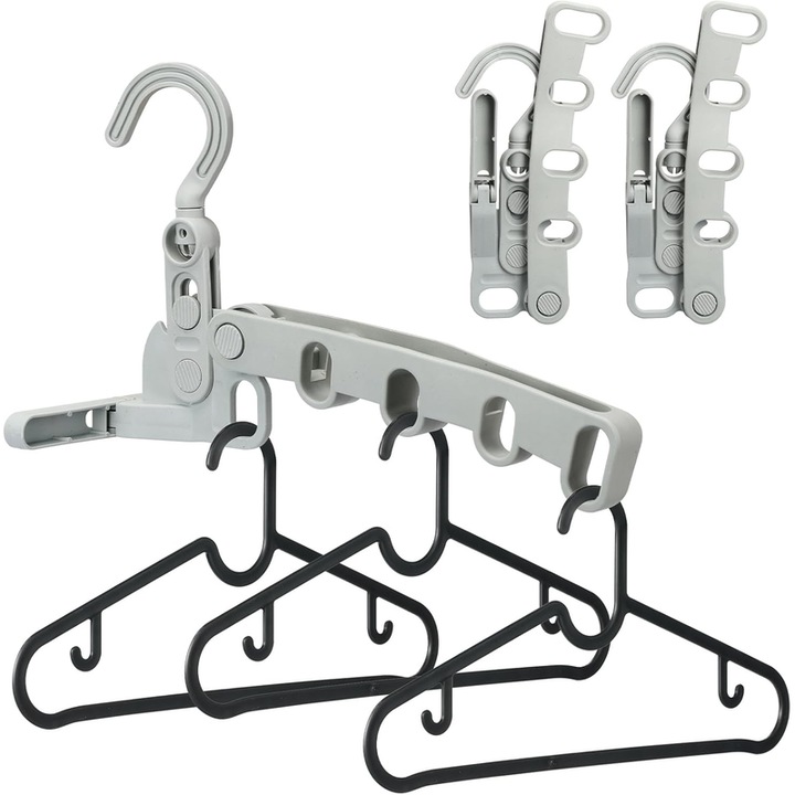 Umeras pentru haine pliabil, plastic, gri, set cu multiple unghiuri de utilizare