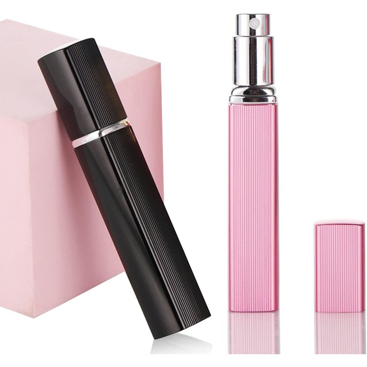 Set de 2 sticle atomizor parfum, aluminiu si sticla, Negru/Roz, 2x10ml