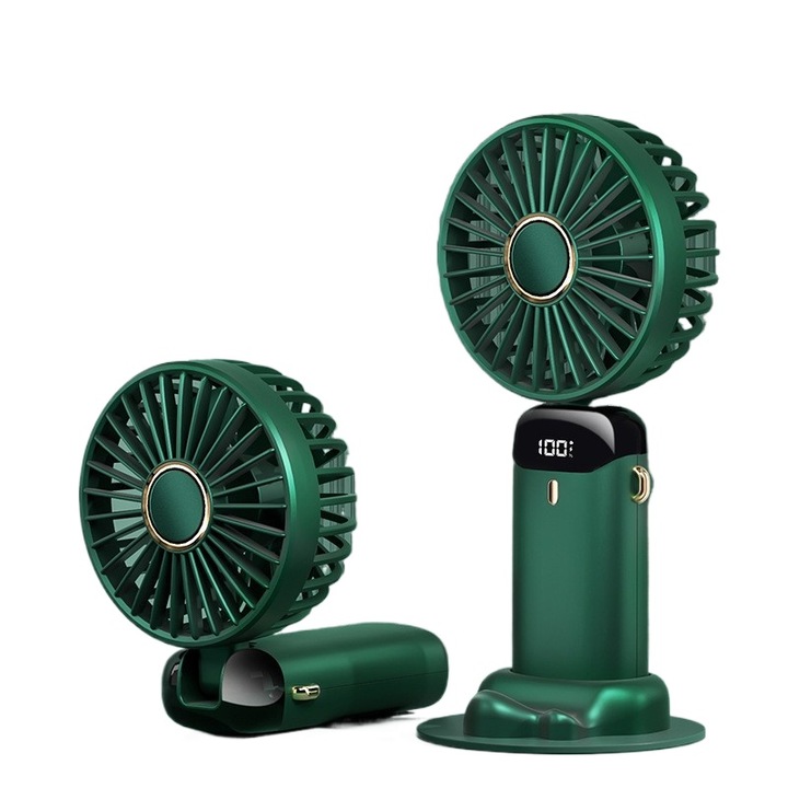 Hordozható összecsukható ventilátor, 5 állítható sebesség, csendes kefe nélküli motor, 90°-os elforgatás, hordozható/asztali számítógép, LED kijelző, Type-C töltés, zöld szín