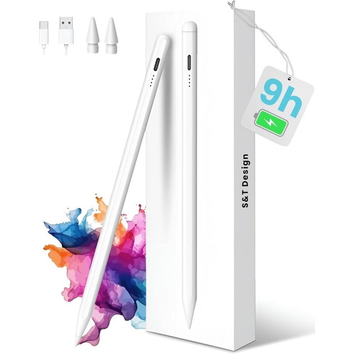 Stylus pentru iPad, set de 2, capacitiv, alb, USB-C, functie palm rejection, fara lag