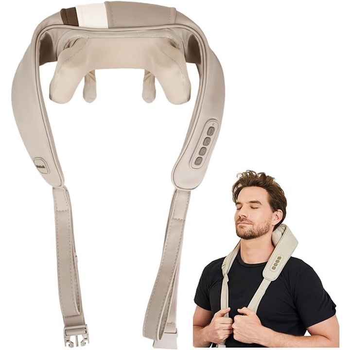 Преносим масажор, за шия и тяло, с функция за затопляне, за мускулна релаксация, регулируем интензитет, USB зареждане, сив