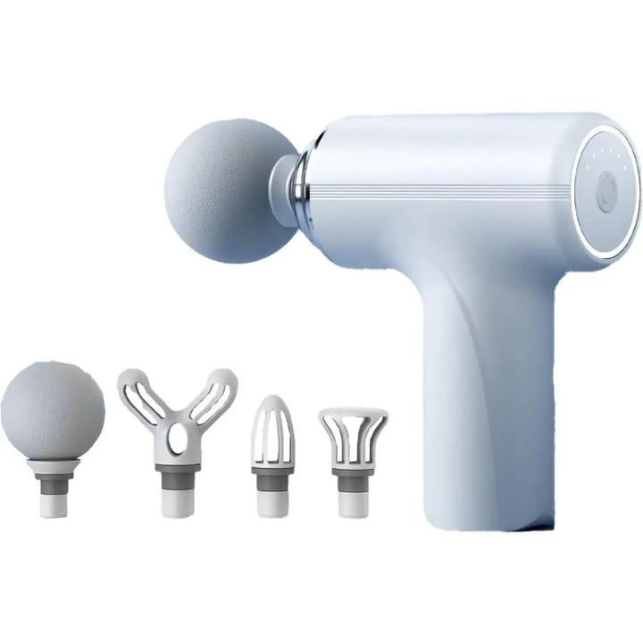 Professzionális masszírozó, N2L Store, ergonomikus kialakítás, nagyfrekvenciás rezgések, 6 sebességfokozat, 4 féle cserélhető masszázsfej, hordozható, USB töltés, fehér