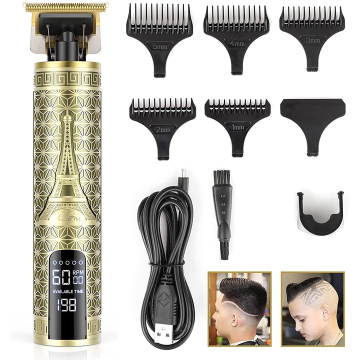 Aparat de tuns cu accesorii incluse Peysaitr, T-Blade Zero Gapped, 3 viteze, display LED, auriu/negru