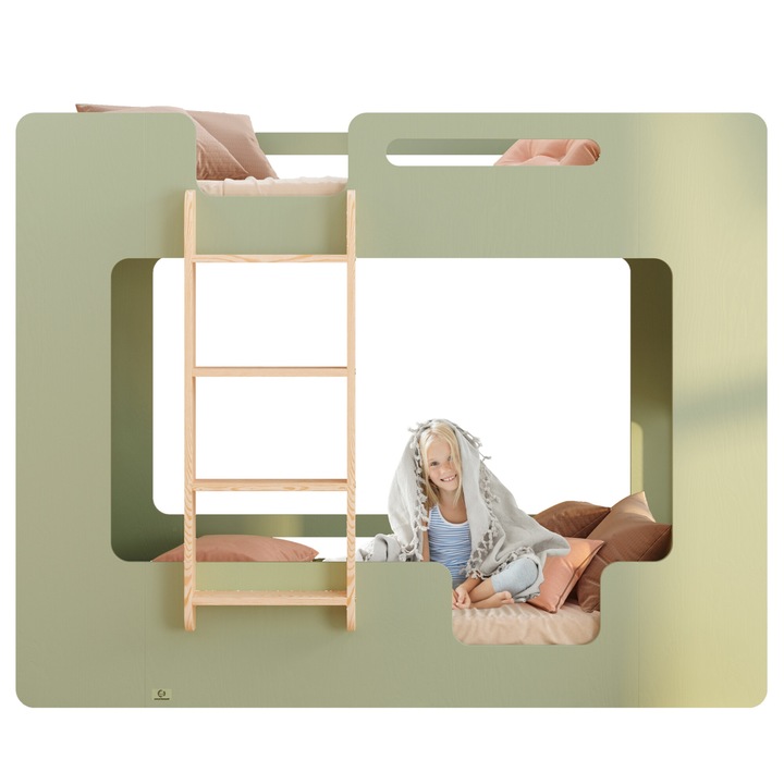 Pat supraetajat copii 190x80 cm in culoarea verde, vopsit manual, din lemn de pin, cu bariera de protectie si somiera de pana la 230 kg – MIMI B - Pat Scandinav pentru copii, potrivit atat pentru baieti, cat si pentru fete - Smartwood
