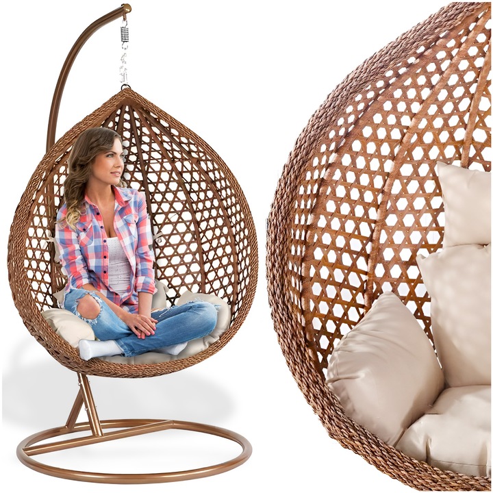 Fotoliu suspendat bej cu efect de ratan și pernă de șezut de culoare crem