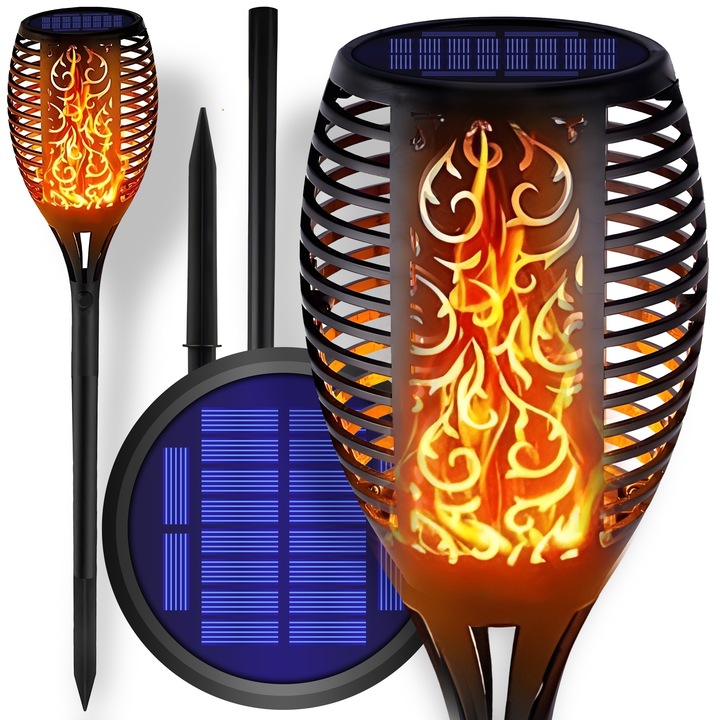 Set de 4 lămpi solare de grădină, EUrotradex - LED, impermeabile, A+++, efect de flacără, senzor de amurg încorporat, 3.7V 1.2W/30lm, 51.5 cm, negru